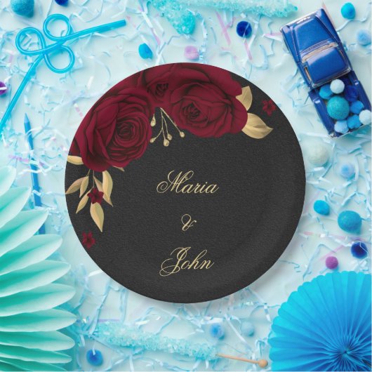 bruine bloemen goudblad zwart papieren bordje (Feest)