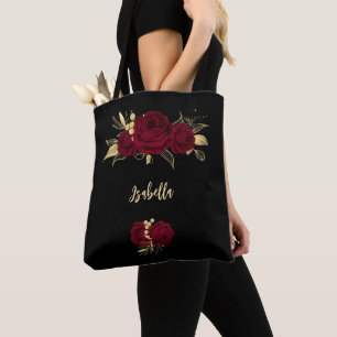 bruine bloemen goudblad zwart tote bag