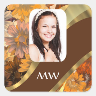Bruine bloemenfoto sjabloon vierkante sticker