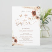 Bruine boho bloemen en vlinders doop kaart (Staand voorkant)