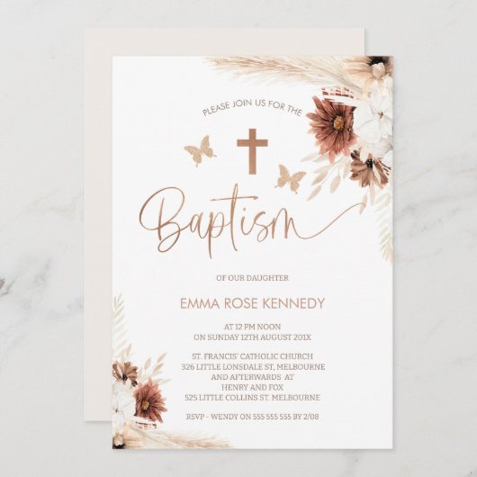 Bruine boho bloemen en vlinders doop kaart (Voorkant / Achterkant)