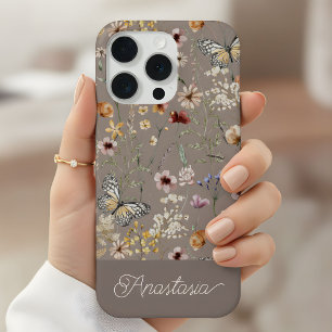 Bruine Boho Waterverf Wilde Bloemen Patroon iPhone 15 Pro Case