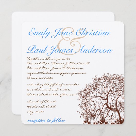 Bruine Boom Aqua Blue Font Wedding Invitation Kaart (Voorkant / Achterkant)
