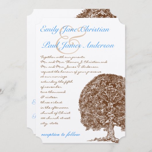 Bruine Boom Aqua Blue Font Wedding Invitation Kaart (Voorkant / Achterkant)