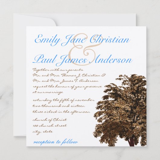 Bruine Boom Aqua Blue Font Wedding Invitation Kaart (Voorkant)