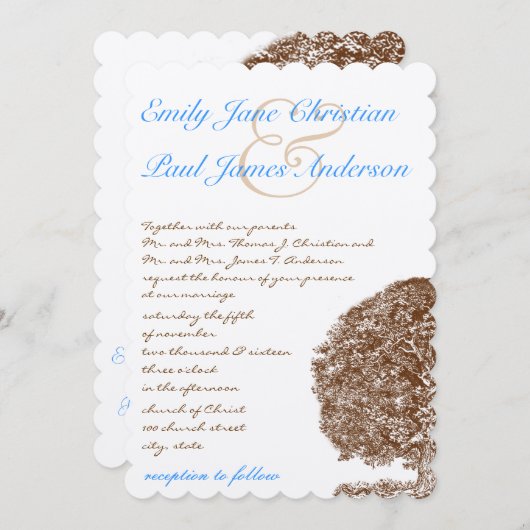 Bruine Boom Aqua Blue Forest Wedding Invitation Kaart (Voorkant / Achterkant)