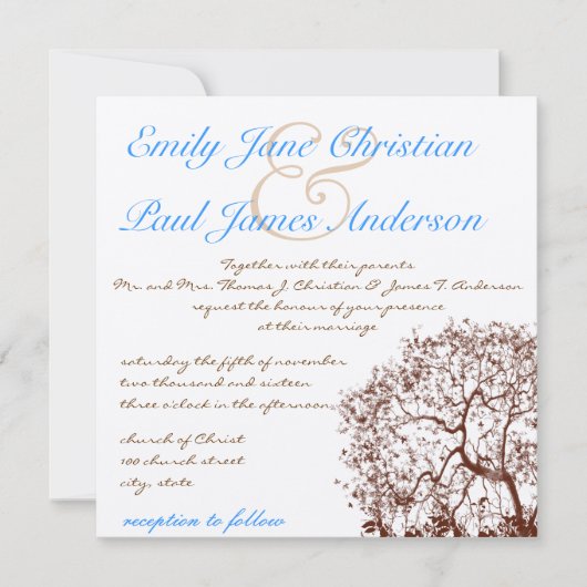 Bruine boom - Bright Blue Font Wedding Invitation Kaart (Voorkant)