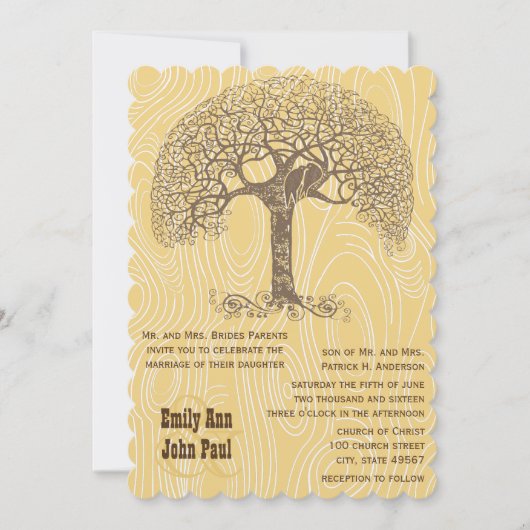 Bruine boom Love Bird Yellow Woodgrain Wedding Kaart (Voorkant)