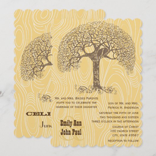 Bruine boom Love Bird Yellow Woodgrain Wedding Kaart (Voorkant / Achterkant)