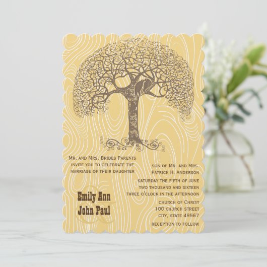 Bruine boom Love Bird Yellow Woodgrain Wedding Kaart (Staand voorkant)
