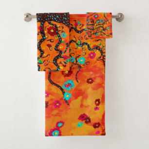 Bruine boom van het leven W/ bloemen & Oranje kleu Bad Handdoek