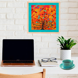 Bruine boom van het leven W/ bloemen & Oranje kleu Poster