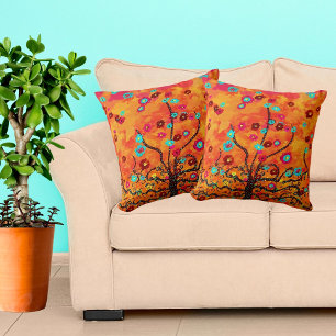 Bruine boom van het Leven W/Flowers & Oranje kleur Kussen
