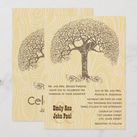 Bruine boomliefdesvogel Tan Yellow Woodgrain Weddi Kaart (Voorkant / Achterkant)