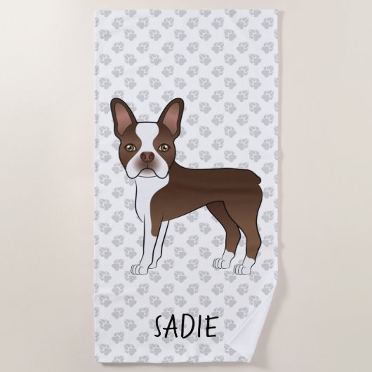 Bruine Boston Terrier Cartoon Hond & Aangepaste Te Strandlaken (Voorkant)