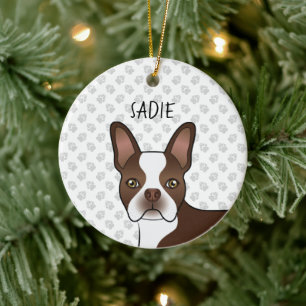 Bruine Boston Terrier Cartoon Hondenkop & Naam van Keramisch Ornament