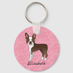 Bruine Boston Terrier Hond Op Roze Harten En Naam Sleutelhanger