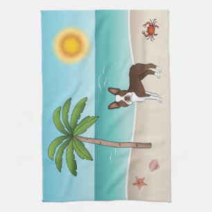 Bruine Boston Terrier Op Een Tropisch Zomerstrand Theedoek