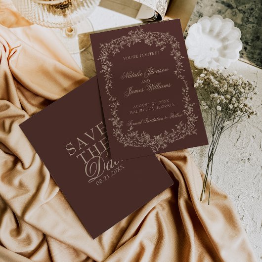 Bruine Botanische Oud Geld Huwelijk Chocolade Bloe Save The Date