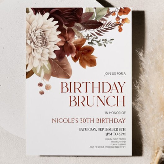 Bruine Bourgondische Bloemen Verjaardag Brunch Par Kaart