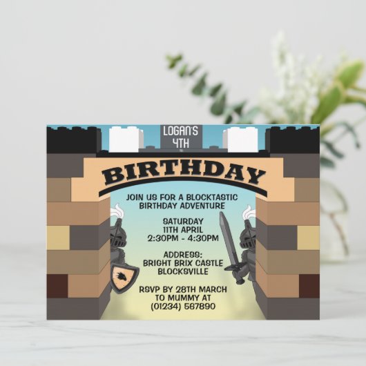 Bruine bouwstenen Kasteel Verjaardag Uitnodigingen (Staand voorkant)