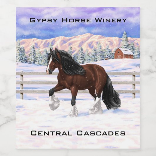 Bruine bruine bypsy verkenner in sneeuw wijn etiket (Enkel label)