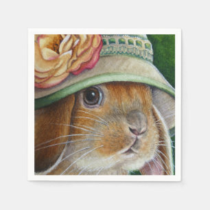 Bruine Bunny Rabbit in Spring Bonnet Waterverf Art Servet