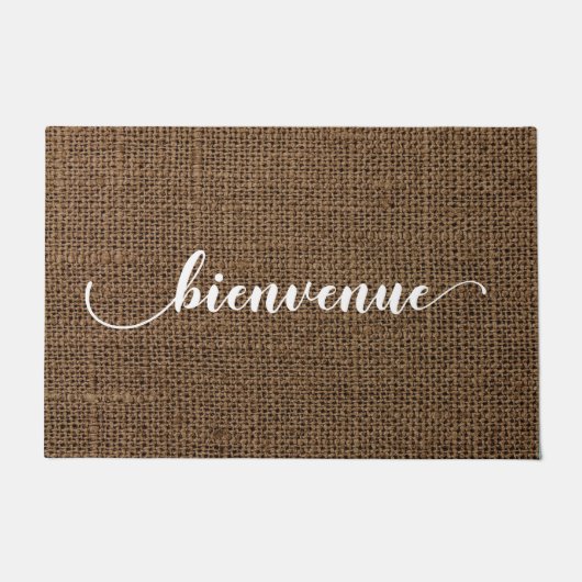 Bruine Burlap Look Welkom Bienvenue Mat (Voorkant)