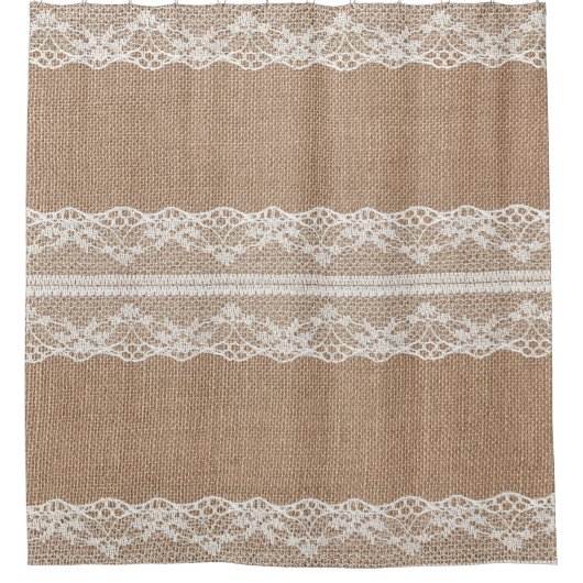 Bruine burlap off-white kanten textuur douchegordijn (Voorkant)