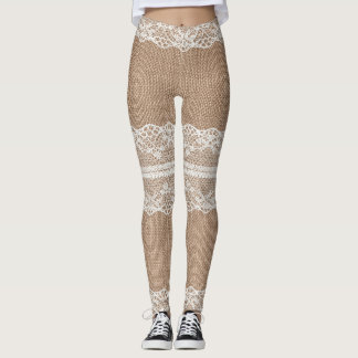 Bruine burlap off-white kanten textuur leggings
