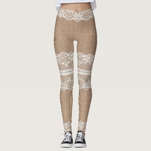Bruine burlap off-white kanten textuur leggings (Voorkant)