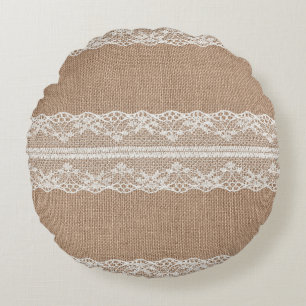 Bruine burlap off-white kanten textuur rond kussen
