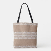 Bruine burlap off-white kanten textuur tote bag (Achterkant)