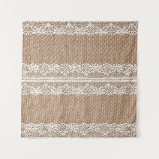Bruine burlap off-white kanten textuur wandkleed (Voorkant)