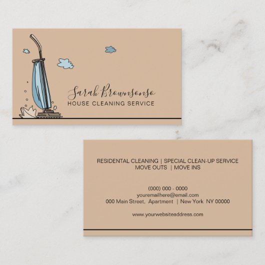 Bruine Cartoon Janitorial Maid House Cleaning Visitekaartje (Voorkant / Achterkant)