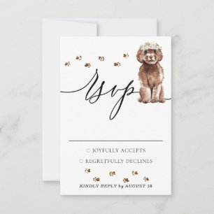 Bruine Cavapoo-hond reageert op trouwfeest RSVP Kaartje