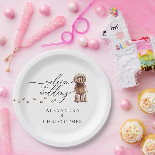Bruine Cavapoo Hond Welkom op bruiloft set Papieren Bordje (Feest)