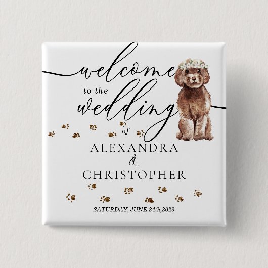 Bruine Cavapoo Hond Welkom op de bruiloft cutie Vierkante Button 5,1 Cm (Voorkant)