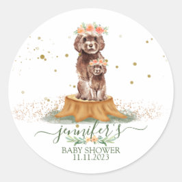 Bruine Cavapoo met bloemenkrans Baby Shower Ronde Sticker