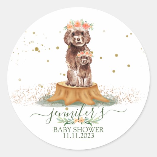 Bruine Cavapoo met bloemenkrans Baby Shower Ronde Sticker (Voorkant)