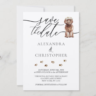 Bruine Cavapoo pup Bruiloft Calligrafie schrift Save The Date