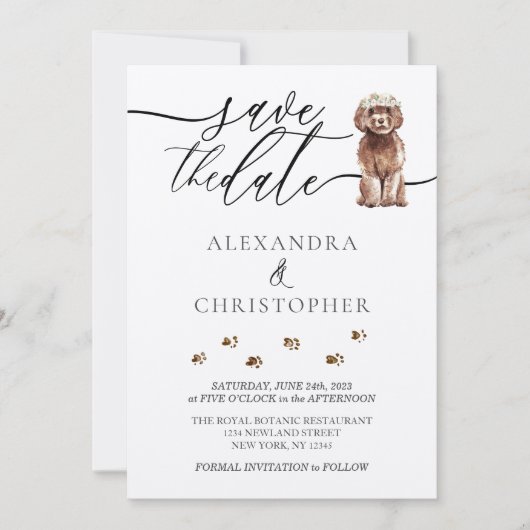Bruine Cavapoo pup Bruiloft Calligrafie schrift Save The Date (Voorkant)
