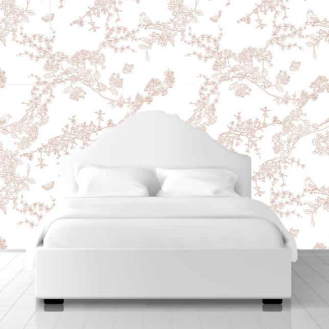 Bruine Chinoiserie Toile Jouy Vogels Bloementuin Behang (Creator heeft geüpload)