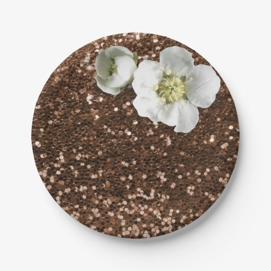Bruine Chocolade Bloemen Wit Jasmijn Glitter Papieren Bordje (Voorkant)