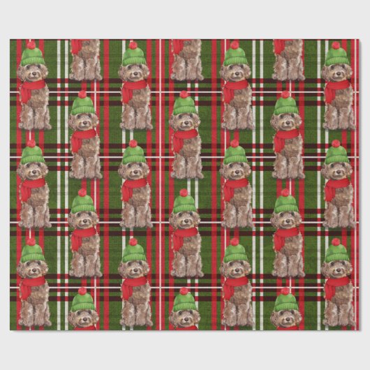 Bruine Cockapoo en Plaid Kerstvakantie Cadeaupapier (Vlak)