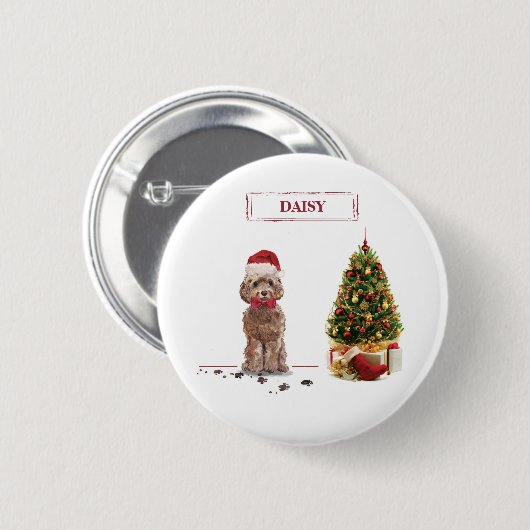 Bruine Cockapoo Funny kersthond en boom Ronde Button 5,7 Cm (Voorkant /achterkant)