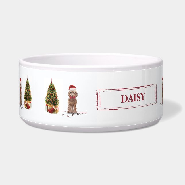 Bruine Cockapoo Funny kersthond en boom Voerbakje (Links)