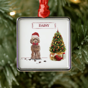 Bruine Cockapoo Grappige Kersthond en Boom Metalen Ornament