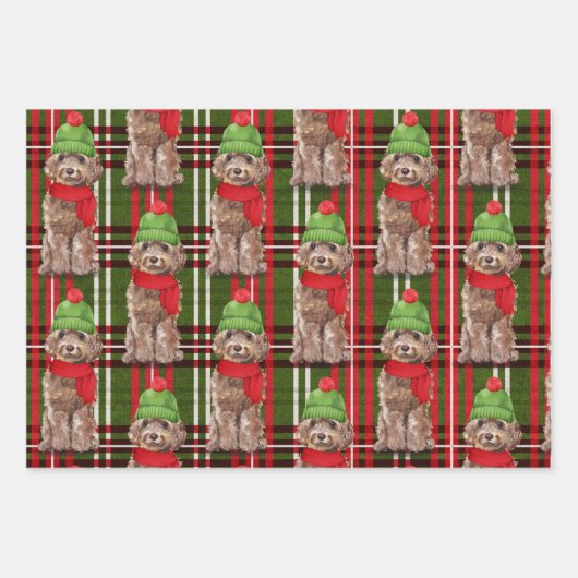 Bruine Cockapoo Kersthond en Plaid Inpakpapier Vel (Voorkant 3)