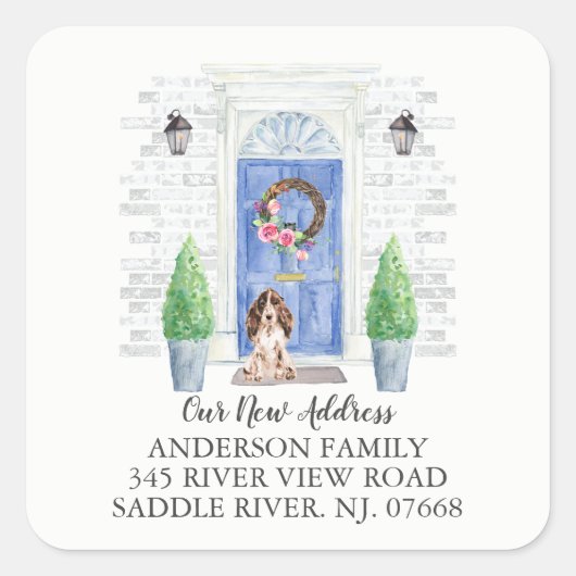Bruine Cocker Spaniel Blauwe Deur Nieuw Adreslabel Vierkante Sticker (Voorkant)